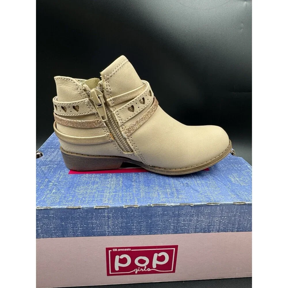 Pop Big Girls Lil Elisha Block Heel Tan Toddler Booties Size 8 M, New